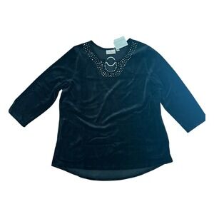 NWT Quacker Factory Black Velvet Rhinestone Top Women's  Sz L Holiday Party Glam